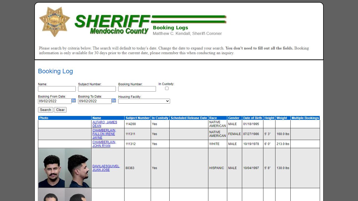 Booking Log - Mendocino County Sheriff's Office